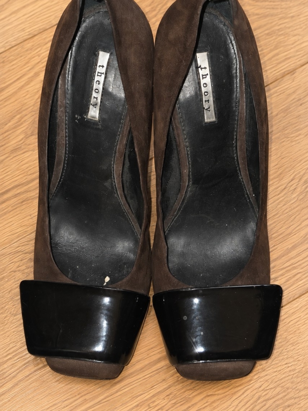Theory Brown Suede Pumps with Black Patent Toe Detail